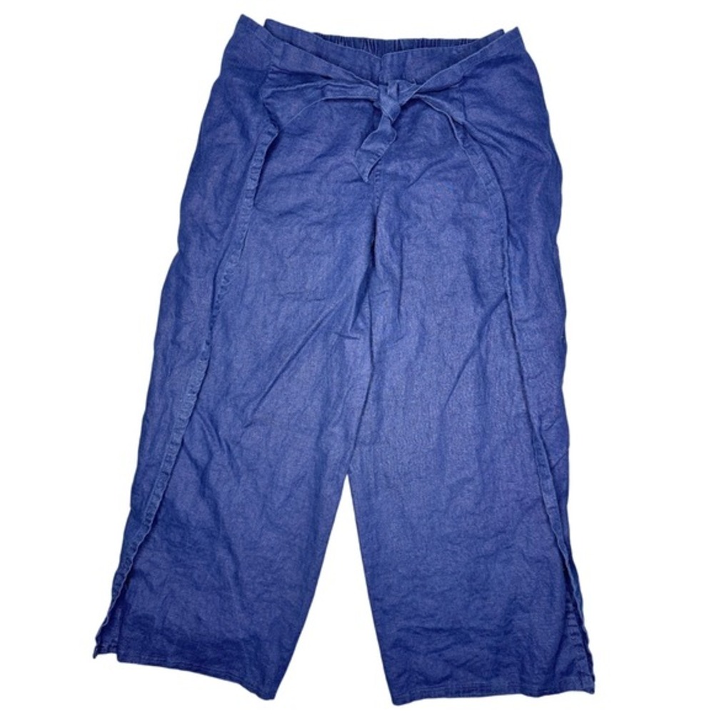 Lands' End Linen Pants size XS Wide Leg Cropped‎ Tie Waist Casual Navy Blue